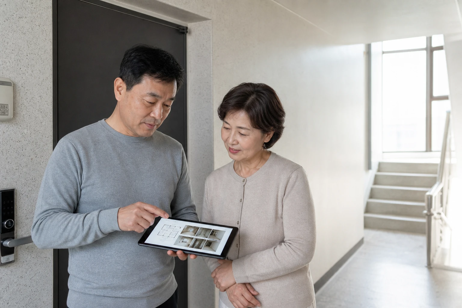 아파트 계단참에서 이웃과 누수 피해를 협의하는 장면